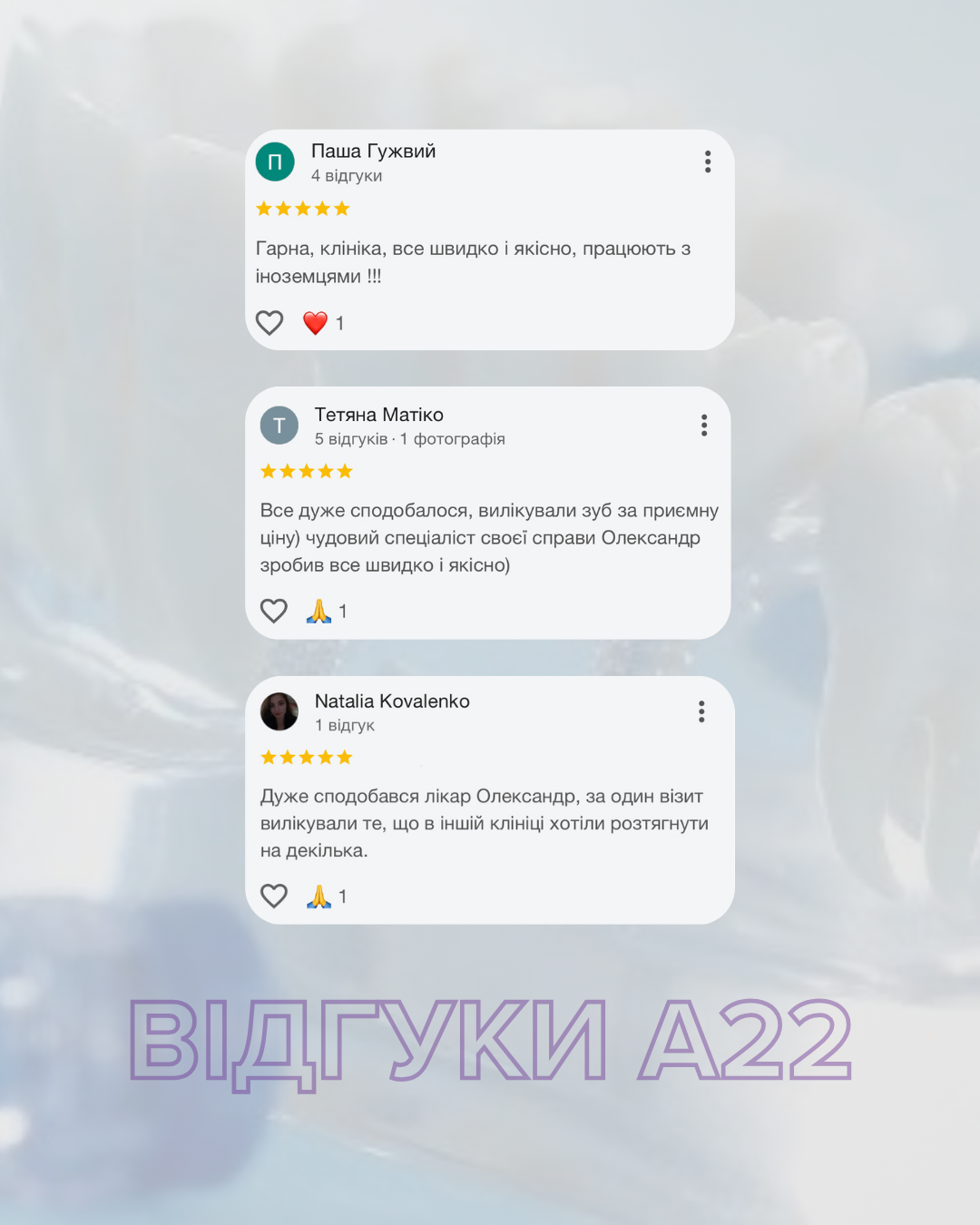 Відгуки A22 Dental Clinic — Паша Тужвий, Тетяна Матіко, Natalia Kovalenko